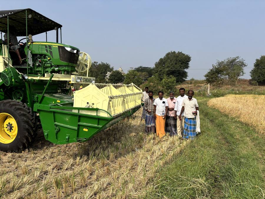 A combine harvester brought in to a smallholding through the producer group.